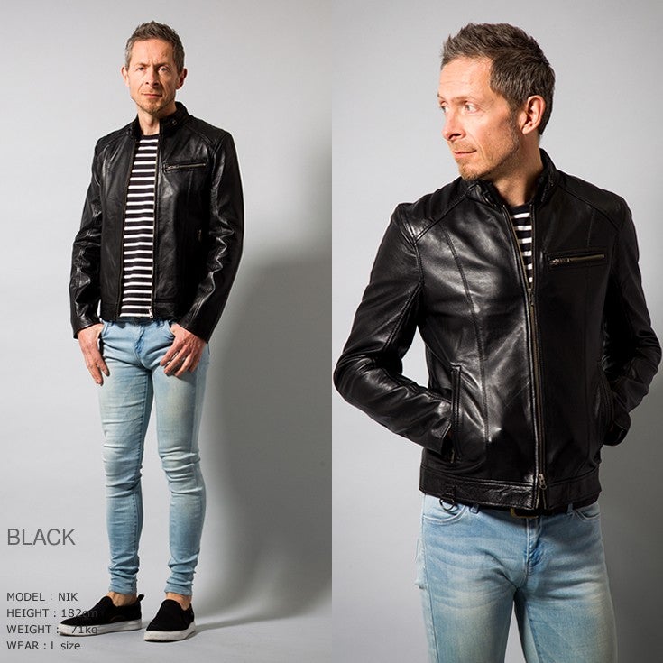 LIUGOO LEATHERSの本革シングルライダースジャケット SRS07を着た男性